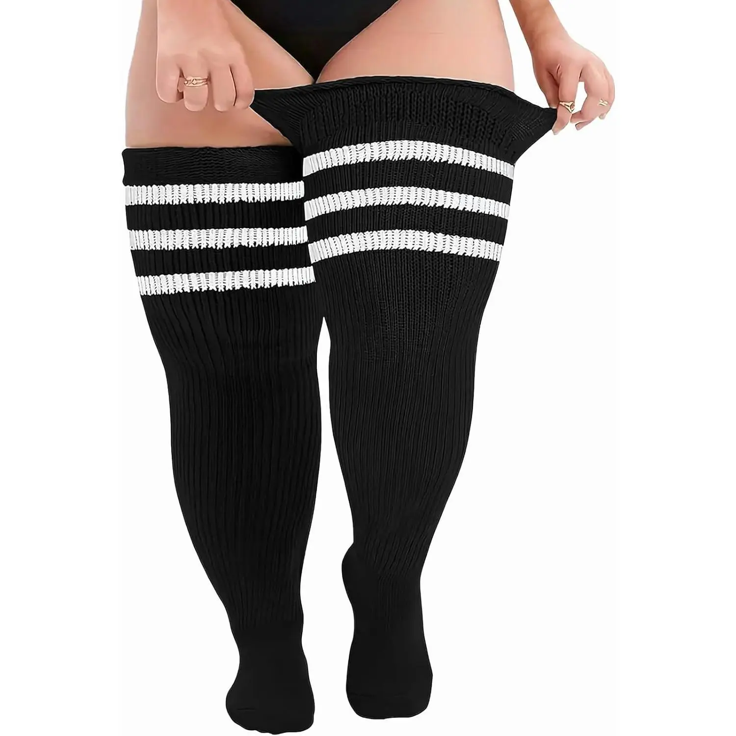 Women's Soft Breathable Cotton Plus Size Thigh-High Knee Socks - Black&White Striped, Comfortable Extra-Long Leg Warmers for Curvy Thighs, Everyday Fashionable Versatile Accessory, Skirts, Wrap, Thigh High Socks