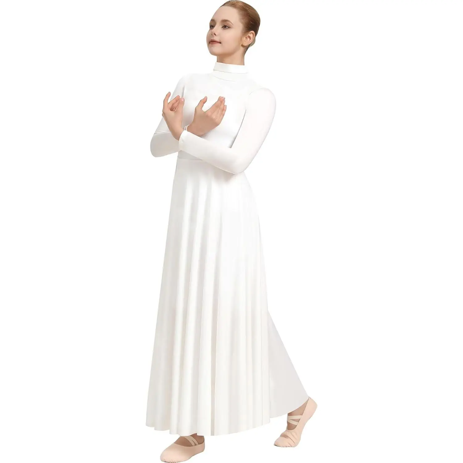 Women Praise Dance Dresses High Neck Long Sleeve Dancewear Liturgical Dance Dress with Soft Lining