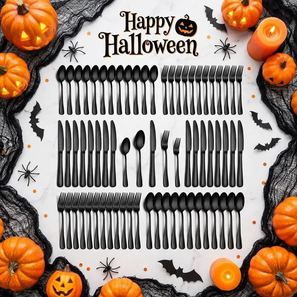 LVABZ 【Halloween Deals】Stylish 60pcs Stainless Steel Cutlery Set - 12-Adult Dinnerware Sets, BPA-Free Tableware, Kitchen Supplies with Dinner Knives, Salad Forks, 12 Dessert Spoons, Gift-Boxed, Dishwasher-Safe, Ideal for Parties, Birthday Gifting
