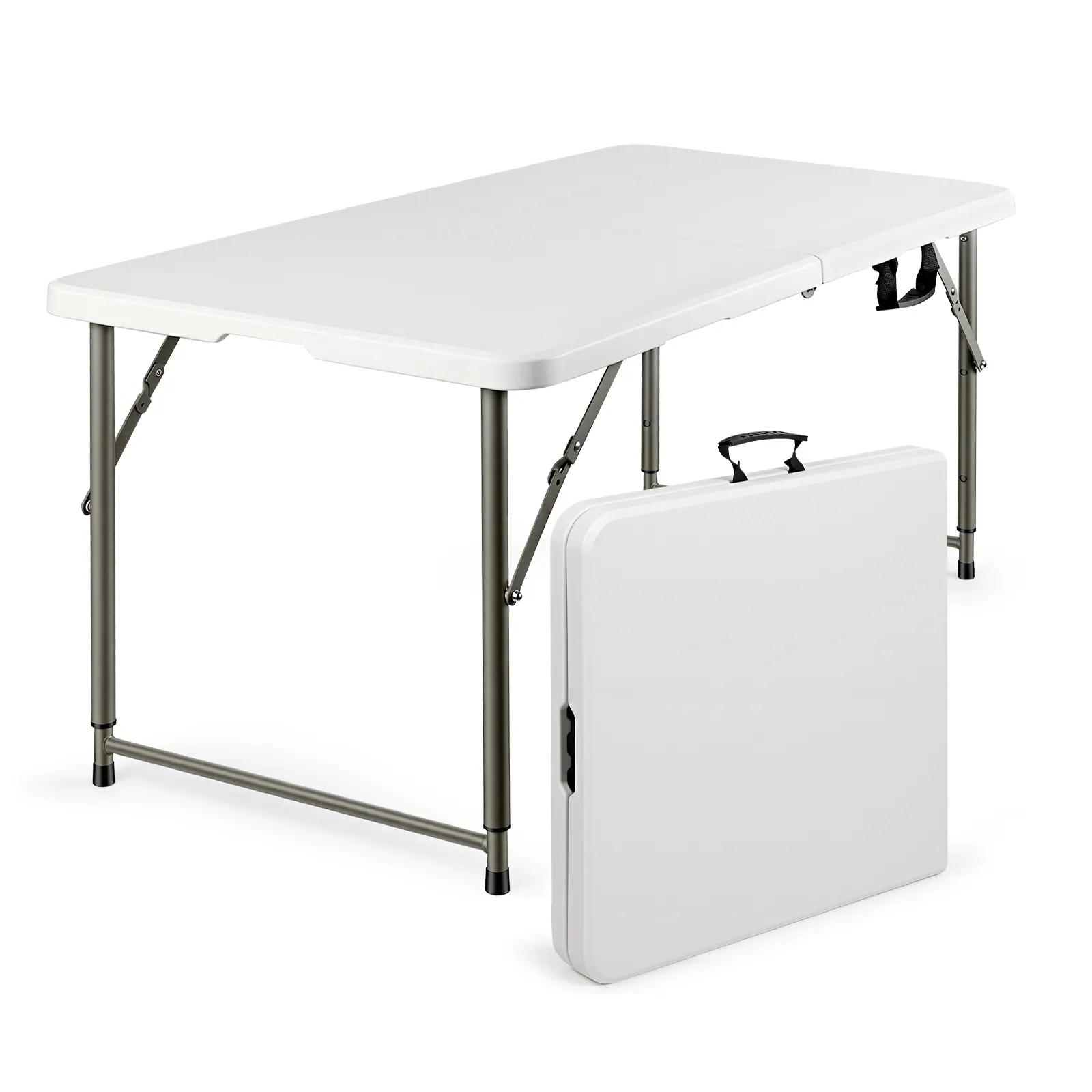 4 FT Gray Frame Folding Adjustable Height Table - 3-Level Adjustability, High Density Polyethylene Top, Fully Assembled Portable Utility Table with Carrying Handle, 47"(L)x23"(W)x21.5"(H), 23.5"x23.5"x2.5" Super Slim, for Camping, Dining