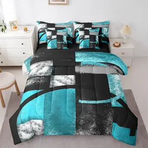 Feelyou 7-Piece Queen Comforter Set - Abstract Turquoise-Black Grunge Teal Ombre Comforter, Gray-Black-Blue Stripe Sheets Bed-in-A-Bag, Bedroom Bedding Set