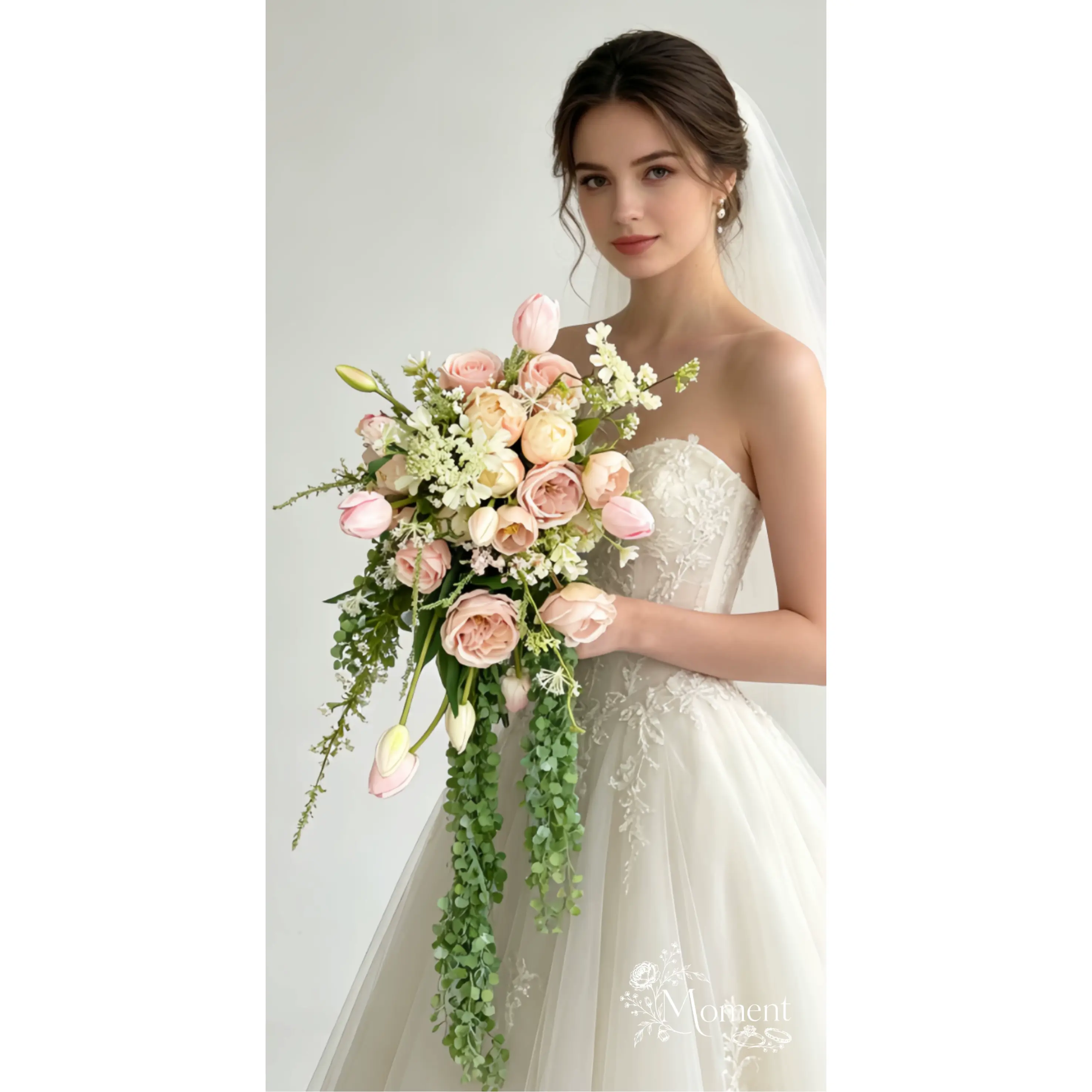 Korean Silk Pink Blossom Cascade Bouquet - Lively Floral Waterfall Wedding Decor Arrangement