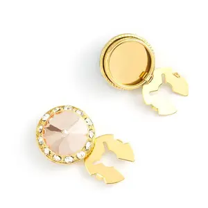 Men's Gold/Peach Button Cover Cuff-Link With Crystal Stud Centered Surrounded By Crystal Studs