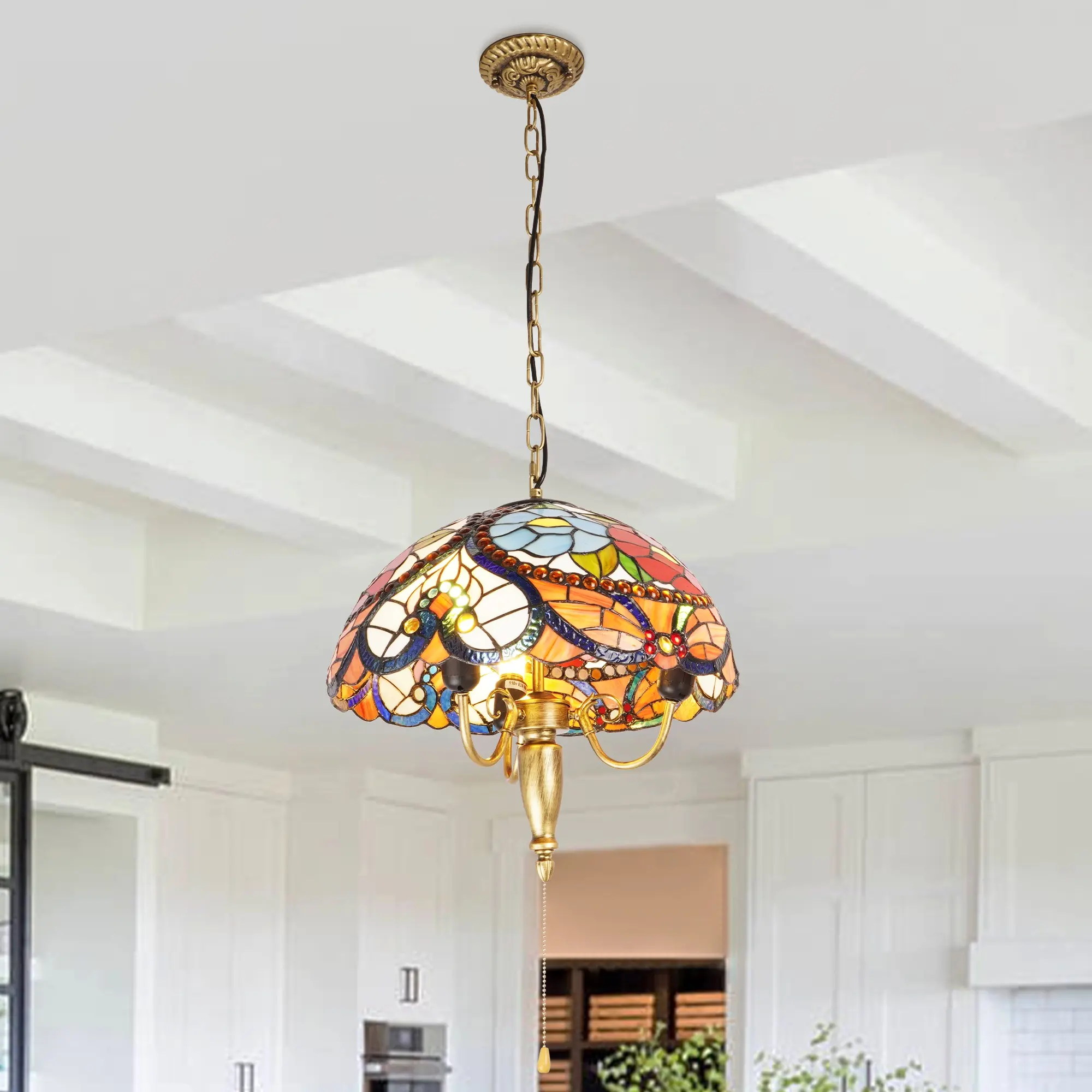 3-Light Vintage Tiffany Floral Beaded Dome Pendant Light, Color Hand-Spliced Stained Glass, Adjustable Metal Pull Chain E26 Farmhouse Hanging Lamp for Dining Room Living Room Foyer