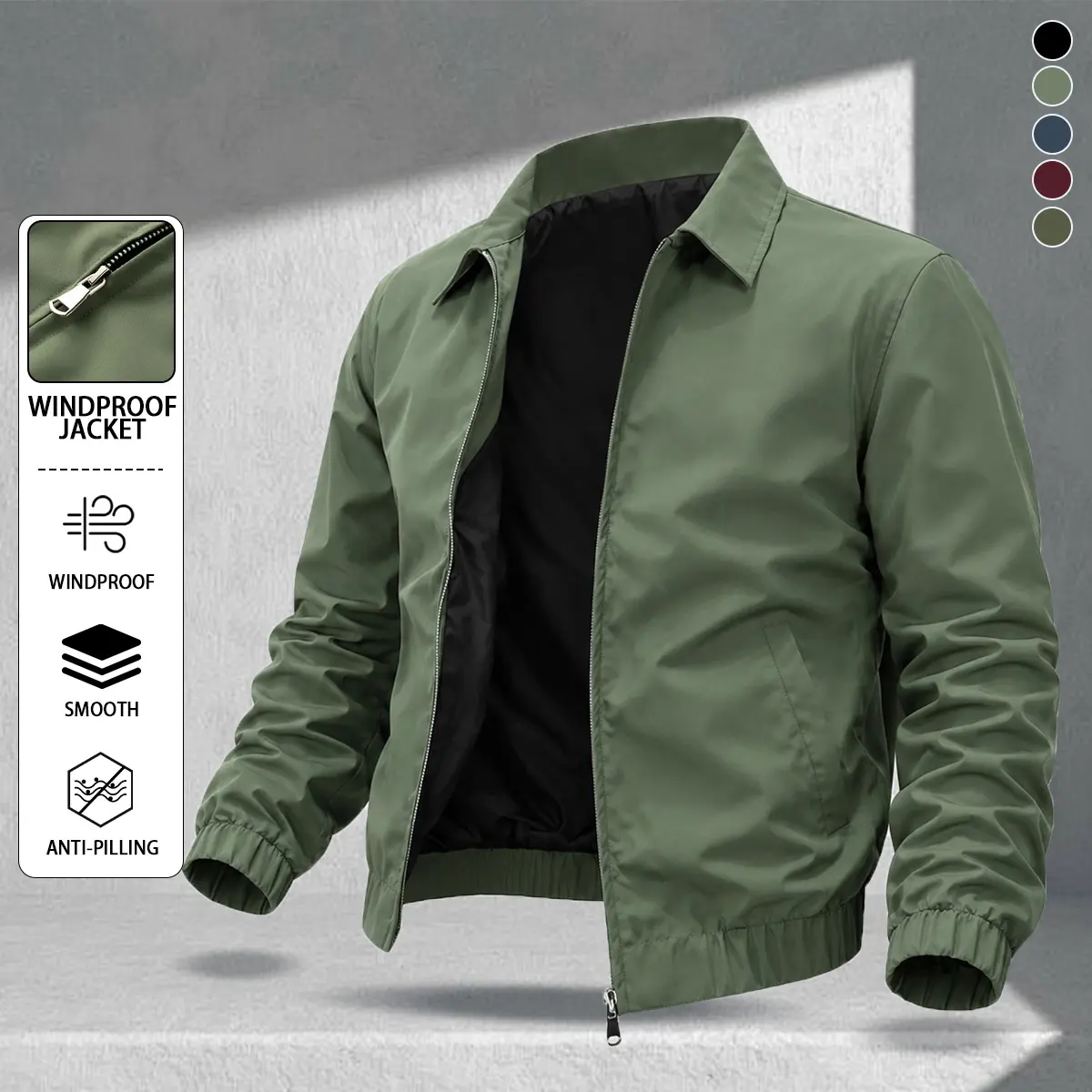 Men’s notched lapel jacket, business casual, solid color, zip closure, windproof outerwear for spring/autumn, versatile for commuting, youth streetwear brand, minimalist design, everyday wear, mature yet youthful style, slimming fit, durable and breathabl