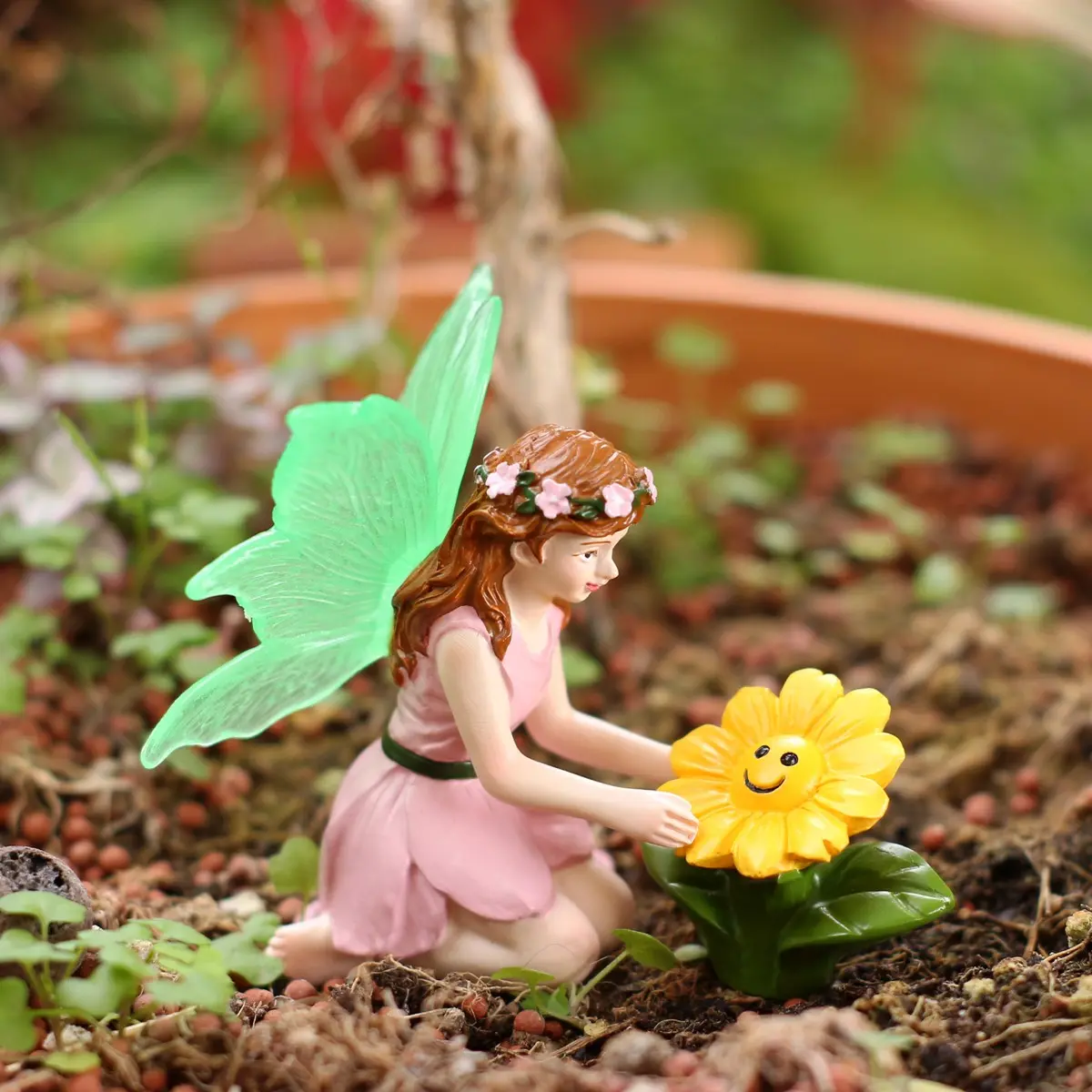 2pcs Cute Decorative Garden Bonsai Decorations, Sunflower and Fairy Figurines Wings, Miniature Garden Landscape, Fantasy Resin Collectibles