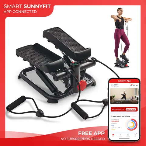 Sunny Health & Fitness Smart Mini Stepper with Resistance Bands, Total Full Body, Home Gym Workout Fitness, Adjustable Resistance & Height, Stabilizer for Balance, Performance Monitor, Compact Portable Home Cardio, Leg/Thigh/Glute Toner, 220 lbs Capacity