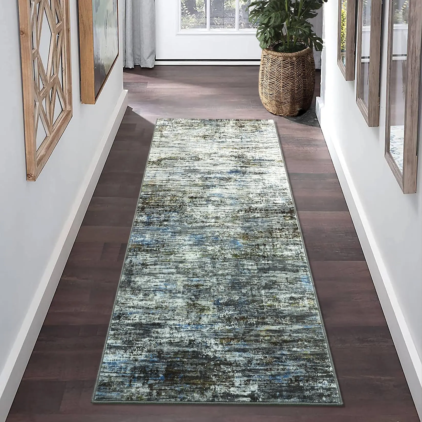 【GARVEE】Hallway Runner Rug 2x6 Feet - Modern Abstract Design, Washable, Non-Slip, Stain Resistant Area Rug with Contemporary Aesthetic for Kitchen, Entryway, or Bedside in Blue/Grey, Navy/Taupe, and Multi Colors