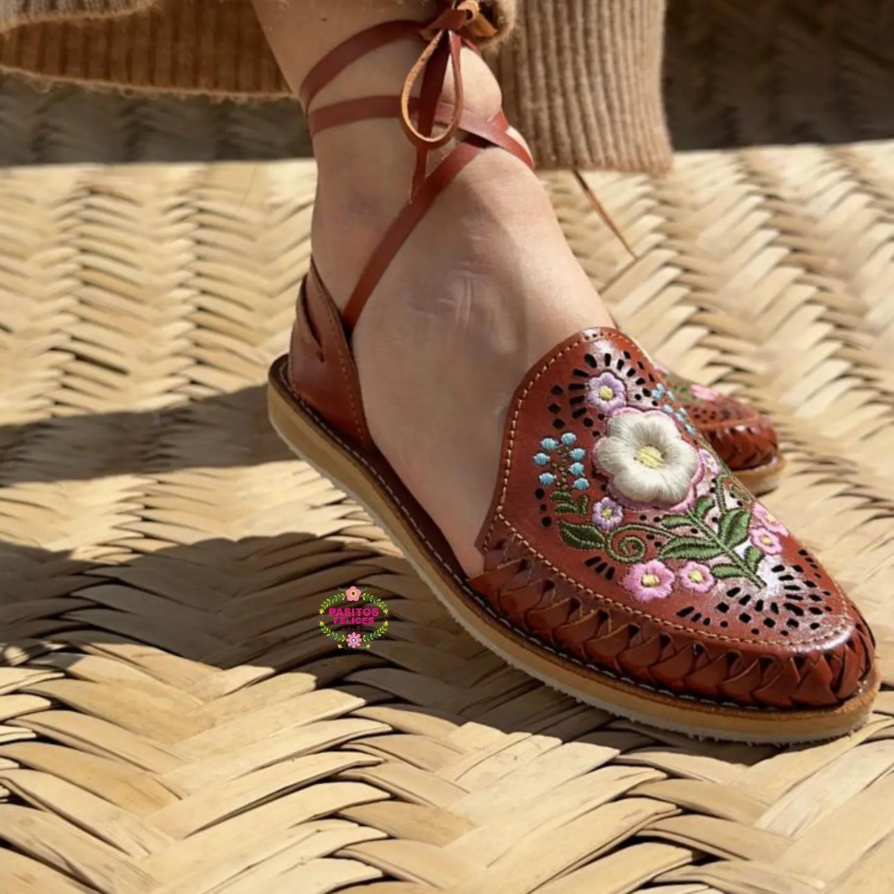 Irene 3D- Tan Embroidered Lace Up Huaraches Shoe Summer