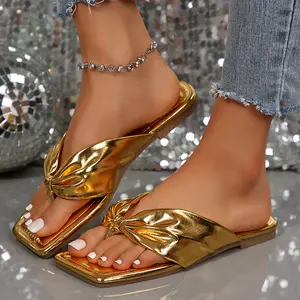 Women's PU Leather Stylish Sandals- Square Open Toe Round Decorative Slip-On Slippers for Summer