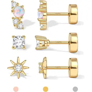 CASSIECA Gold-Plated Flatback Studs Earrings Set, 3 Pairs Tiny Size Screw Dainty CZ Opal Studs with Post, Lightweight Fit Daily Wear Jewelry for Cartilage Helix Piercings Summervibes