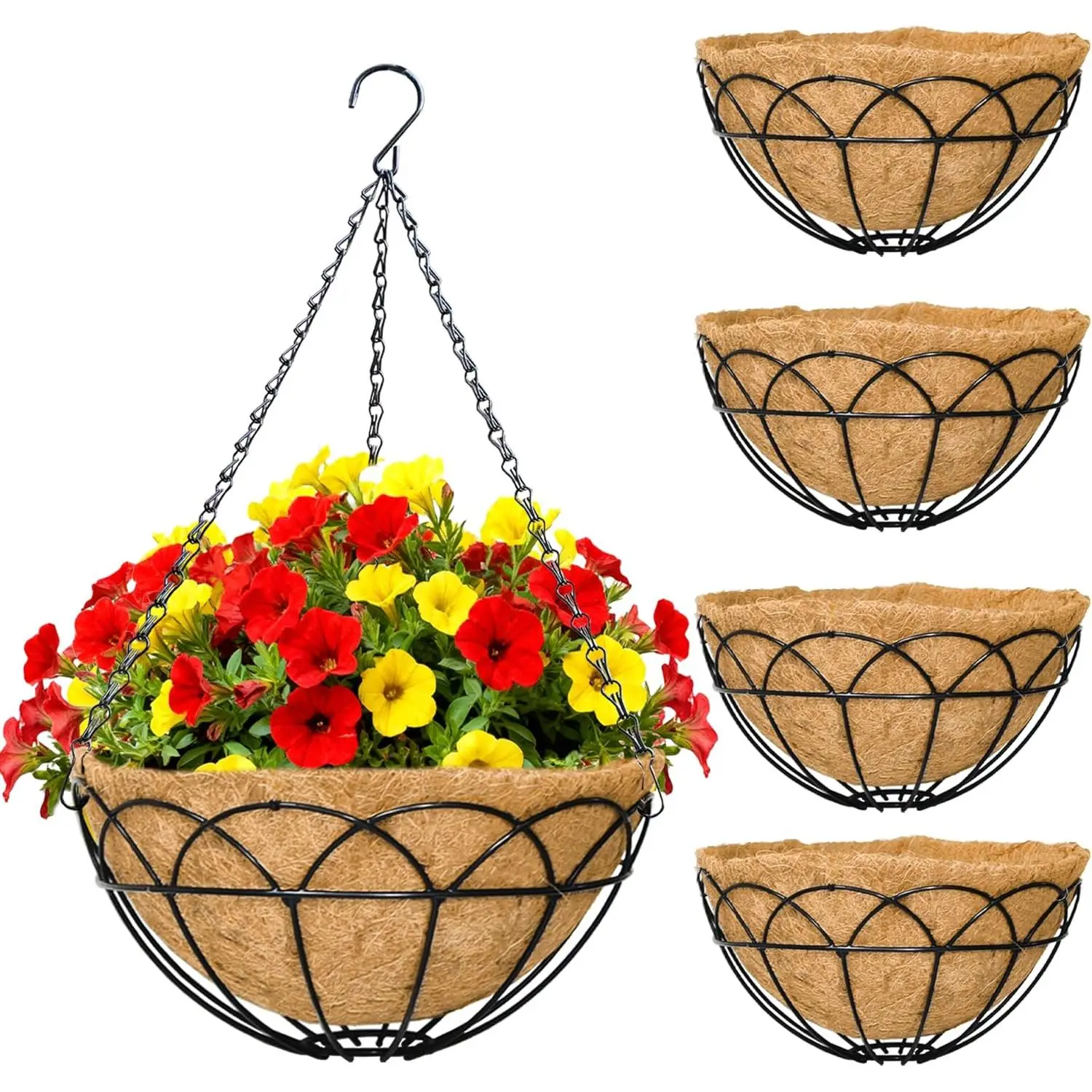Anti-Rust Powder-Coated Basket Style Hanging Planters - Round Metal, Coconut Liner, Chain-Hung Pots for Porch, Garden Decor (Indoor/Outdoor Use), Anti-Rust Powder-Coated Flower Pots, Basket Style Flower Pots