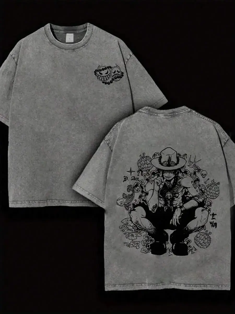 One Piece Portgas D. Ace Graphic T-Shirt, Vintage Washed Distressed Oversized Anime Tee, Retro Fire Fist Ace Pirate Streetwear Top for Men Women, Anime Lover & One Piece Fan Gift Shirt