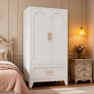 Vintage Arched Metal Wardrobe Cabinet - 60" Tall Freestanding Above-Ground Wardrobe Clothes with Built-In Rod, Drawer Compartment, 2 Doors & Adjustable Shelf, for Bedroom, Entryway Storage, Adjustable Wardrobes