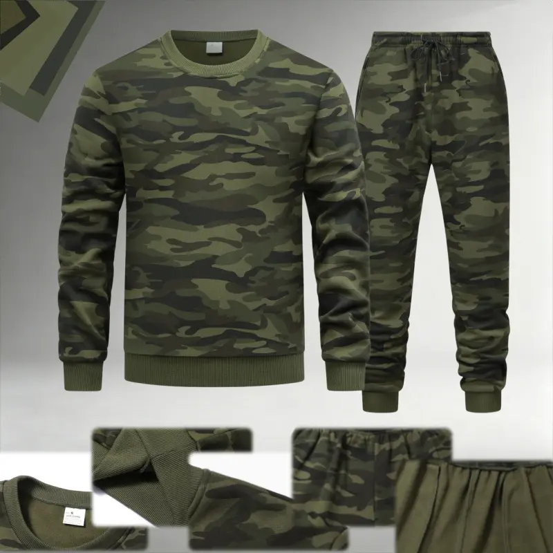 Men’s camouflage hooded sweatshirt and cargo pants two-piece set, made from thick, skin-friendly fabric. Hooded top and cargo pants with an elastic drawstring waist and cuffs; suitable for everyday outings, sports, and casual wear across multiple occasion