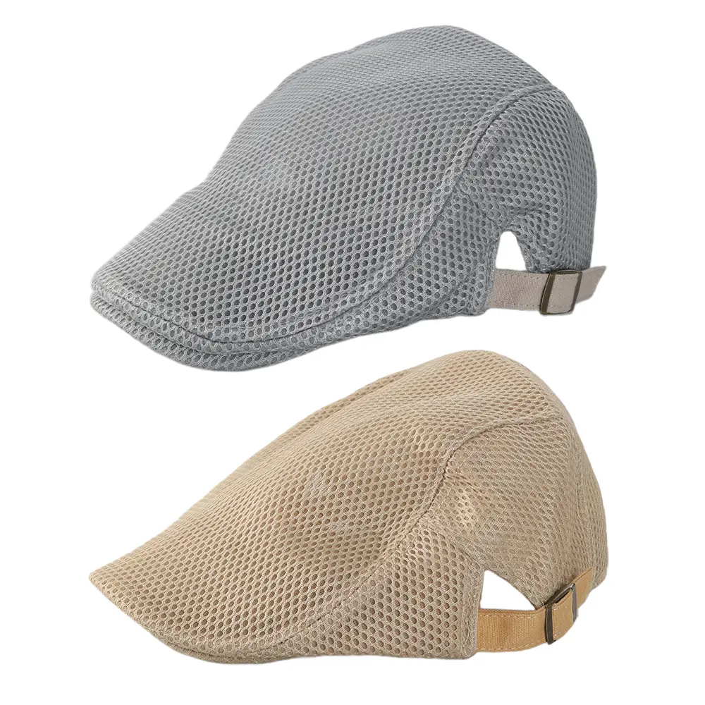 Men’s 2pcs Breathable Mesh Polyester Summer Hats - Adjustable Quality Flat Cap, Newsboy Beret, Ivy Cap, Irish Cabbie Fishing Hat, Polyester Cap, Quality Caps