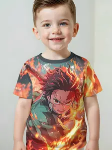 Summer flame effect digital printed T-shirt, Graphic Tees, 100% polyester, casual children's clothing, suitable for boys' daily outings and outdoor sports