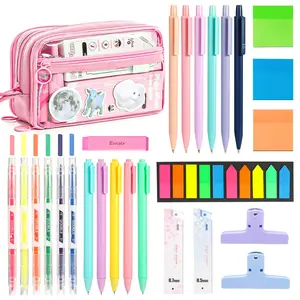Aesthetic School Supplies College Essentials with Pencil Case Set - 6 Highlighters, 5 Ink Gel Pens, 6 Pastel Mechanical Pencils 0.5 & 0.7 mm and Student Back to School Supplies