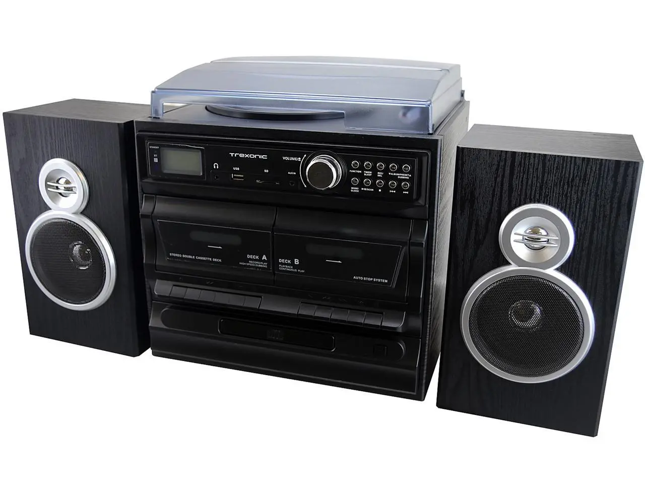 Trexonic TRX-811BS 3-Speed Vinyl Turntable Stereo System CD Player, FM Radio, Bluetooth, USB/SD Recording and Wired Shelf Speakers - Black