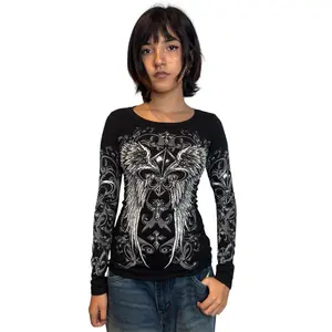 Celestia Rhinestone Long Sleeve Black Top - Cotton