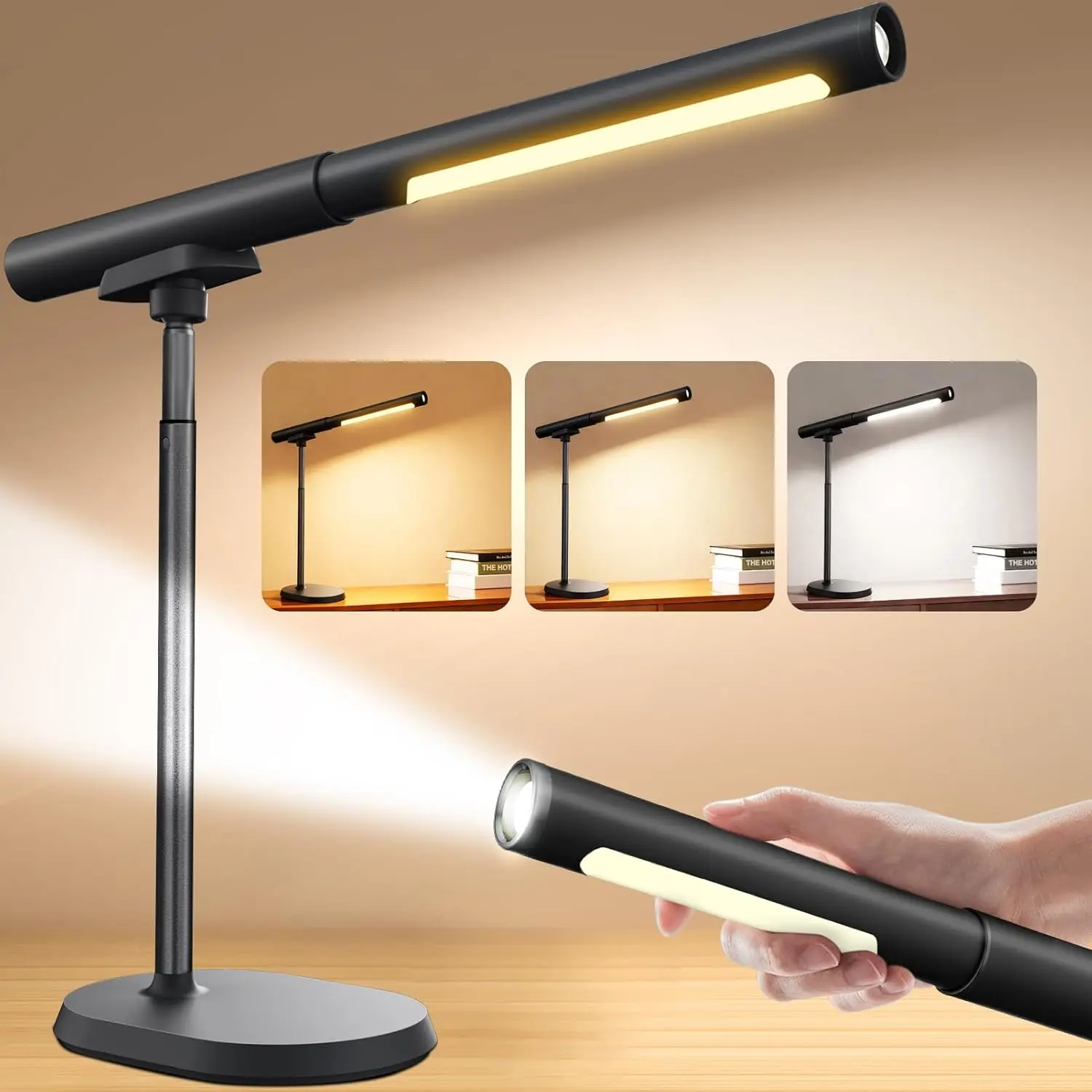 Cordless Desk Lamp, Magnetic LED Work Light, Rechargeable Battery Powered Lamp, Dimmable Brightness & 3 Color Modes, Wireless Table Lighting for Reading, Bed, Flashlight with Signal Light for Camping