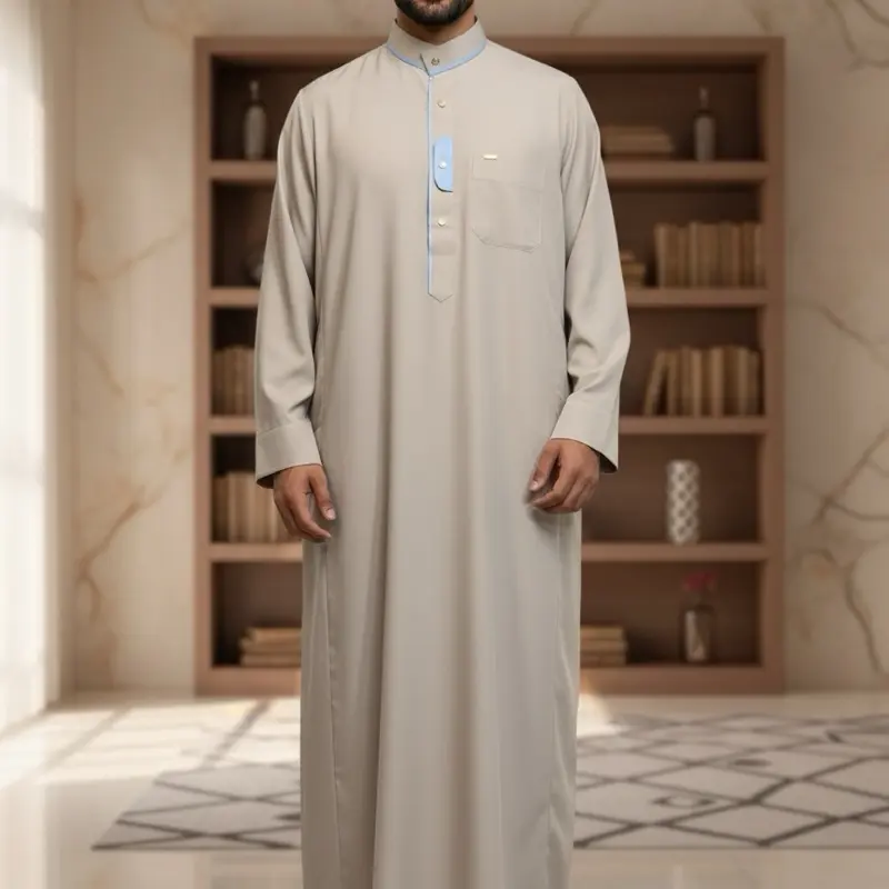 Men's Qatri Thobe - Classic Long Sleeve Button-Up with Front Pocket for Comfort and Style