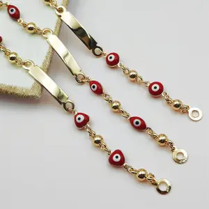 [FLAME] Red Evil Eye Heart Charm Bracelet, 18K Gold Plated Bar Chain, Nazar Boncuk Protection Amulet, Lucky Jewelry for Good Luck