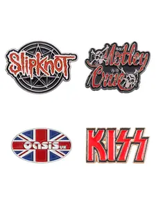 4 Piece Music Band Enamel Pin Set, Cartoon Style Rock Band Logos (motley Crue, Slipknot, Kiss, Oasis), Colorful Pins for Hats and Backpacks, Accessories