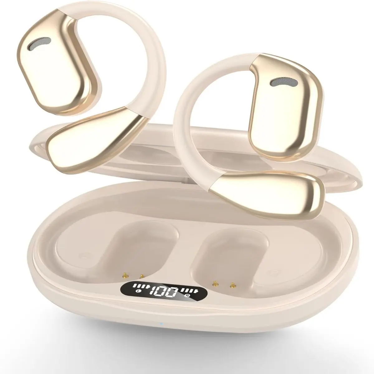 Beige Open-Ear Bass Headphones - Wireless 5.4 Bluetooth Touch Earbuds with LED Battery Display, HiFi Stereo, Type-C Chargeable, Lightweight for Sports Running, Wide Compatibility with iPhone & Android