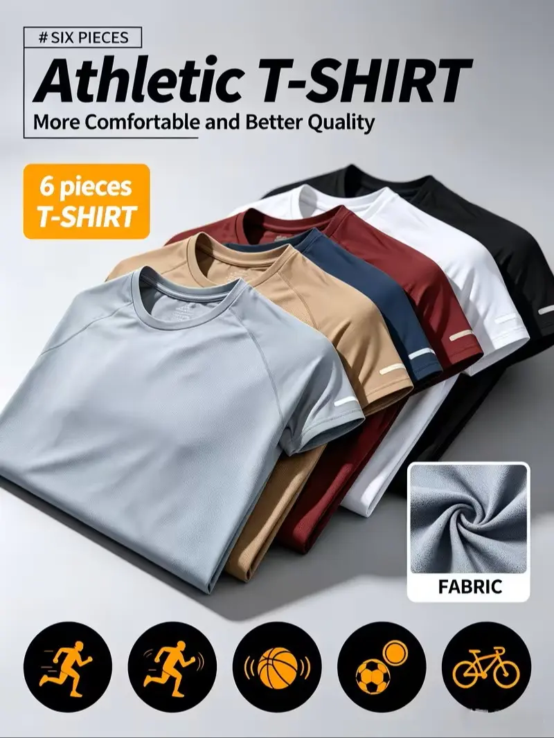 Men’s 6-piece breathable sports T-shirt set with reflective stripes, suitable for night cycling; quick-dry, lightweight crew-neck tops with enhanced reflectivity, ideal for running, gym workouts, and outdoor exercise.