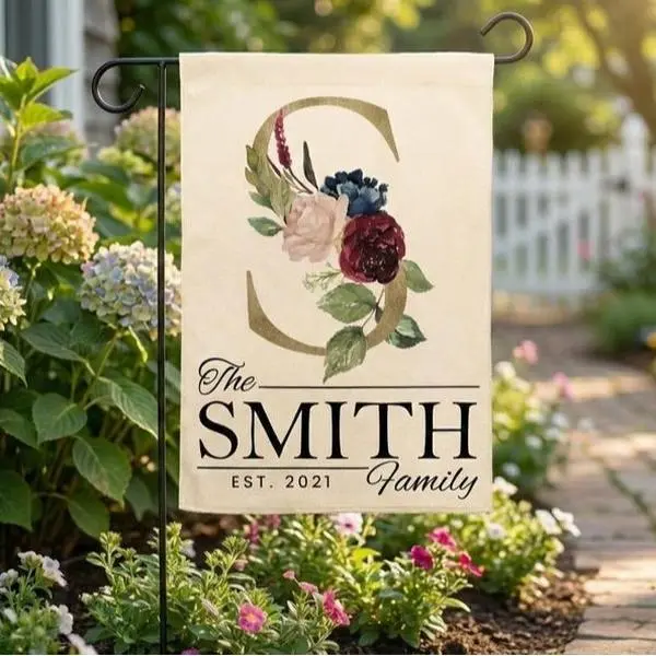 Personalized Family Garden Flag, Custom Last Name Yard Banner, Monogram Floral Porch Decor, Cottagecore Outdoor Flag, Housewarming Gift, Wedding Gifts