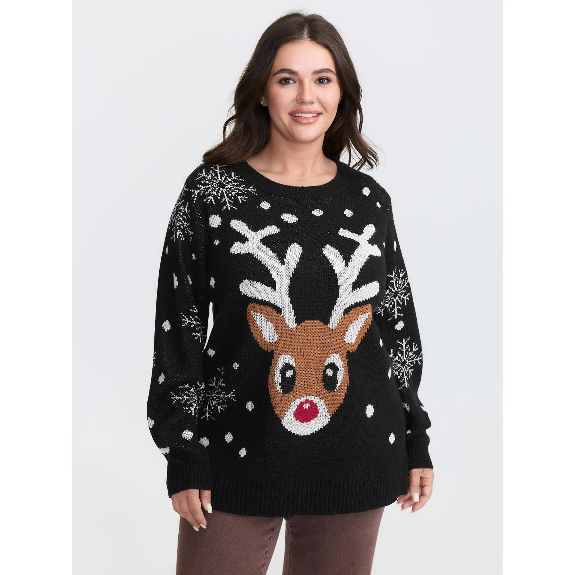 BloomChic Women's Plus Size Acrylic Fabric Pullover - Deer and Snowflake Graphic Print, Long Lantern Sleeves, Round Neck, Loose Fit, Regular Length, Low Iron, Low-Stretch, Hand Wash, No Dry Clean, Flat Dry, Casual Christmas Top