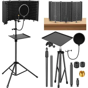 Microphone Stand With Isolation Shield,Recording Studio Equipment With Pop Filter,Tripod Stand, Foldable Mic Shield With Sound Insulation For Recording Studio, Podcasts,Broadcasting
