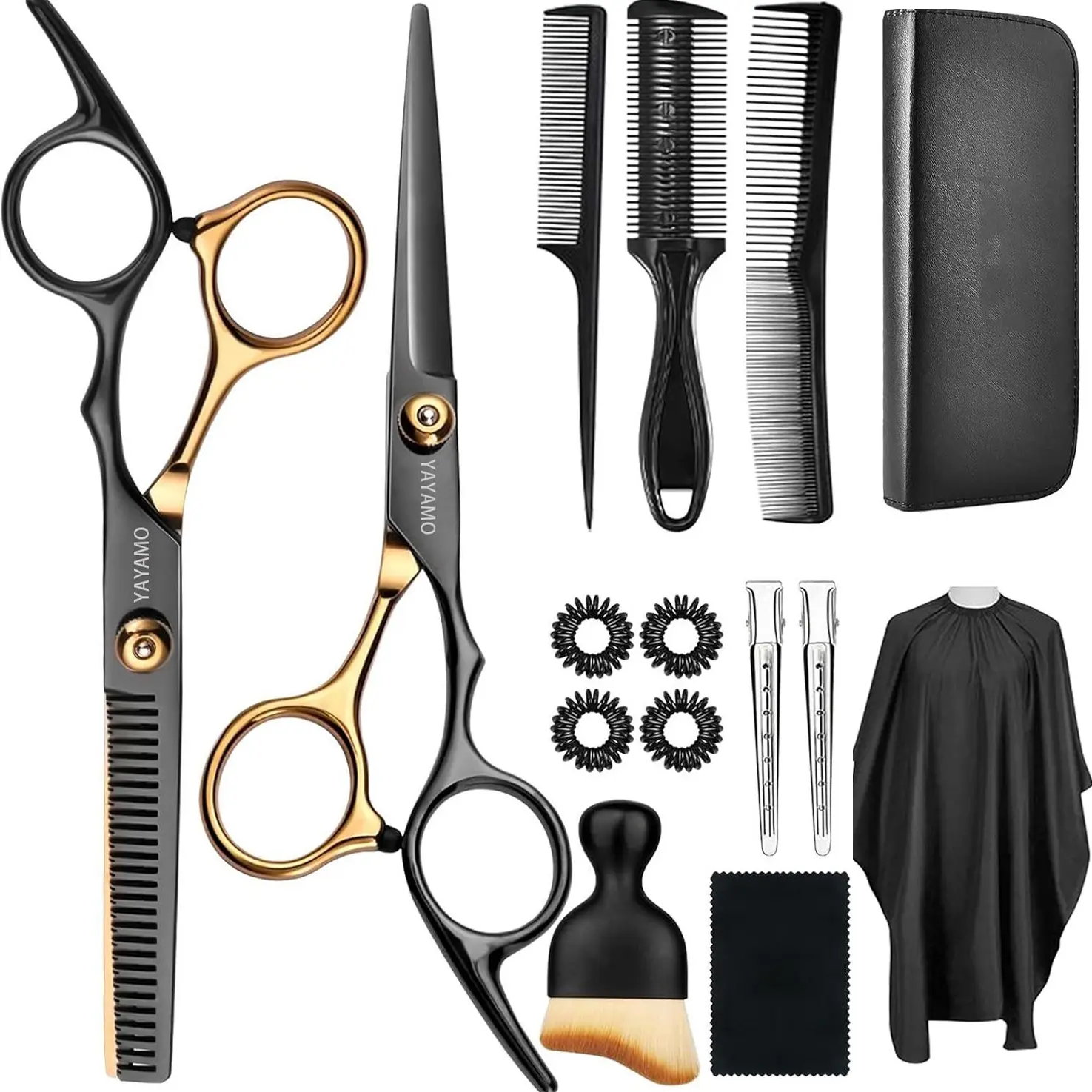 YAYAMO Salon-Grade 440C Stainless Steel Hair Cutting Scissors Kit - Barber Equipment with Ergonomic Handle, Thinning Scissors, Smooth Adjustable Lightweight Brush, Razor Comb, Cleaning Cloth, Storage Bag for Adult Home & Salon Use, Salon-Grade Hair Scisso