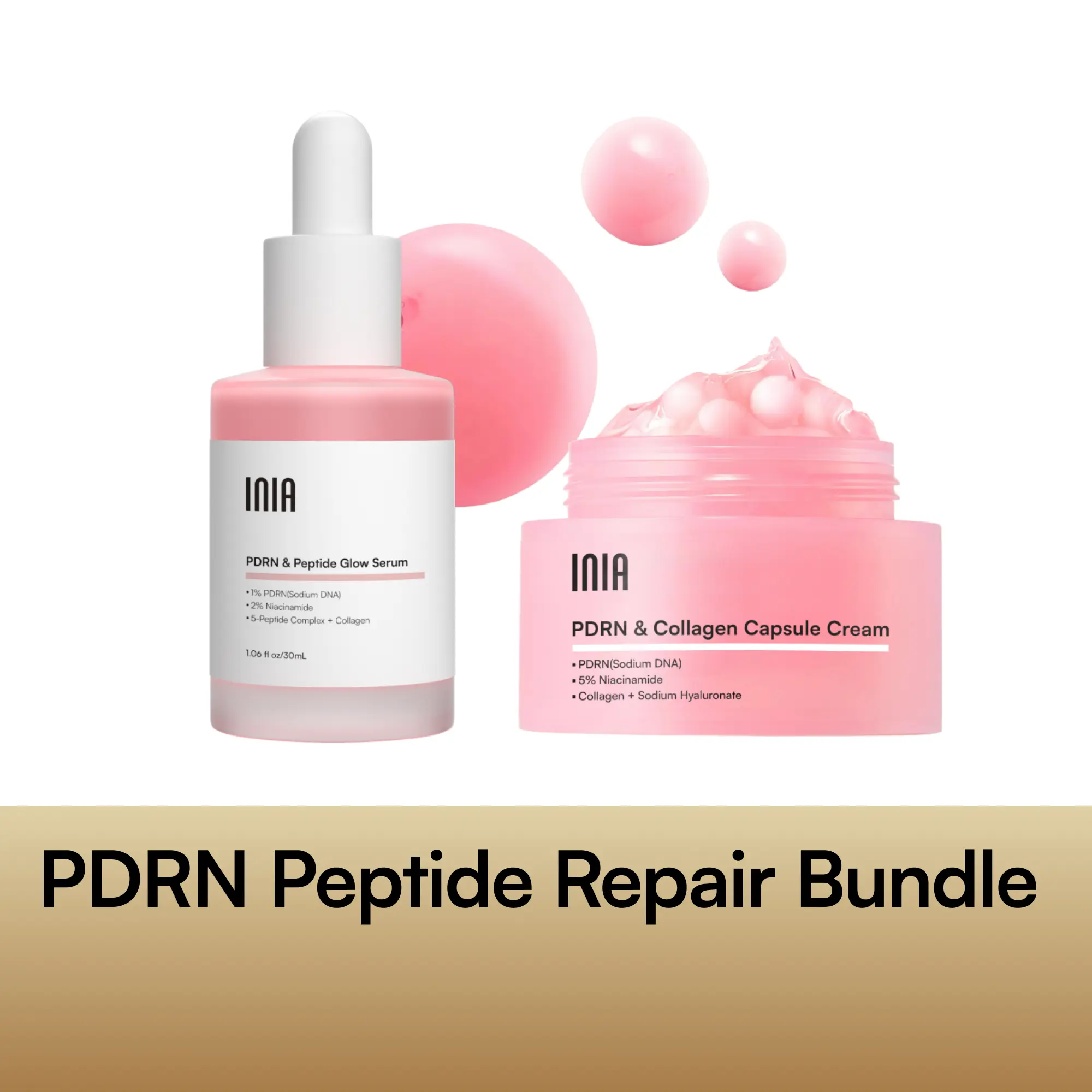 INIA PDRN + Peptide Selfcare Repair Bundle - Cream & Serum Duo with Salmon DNA, Niacinamide for Deep Repair, Radiant, Firmly Hydrated Skin, Safe for Sensitive Skin