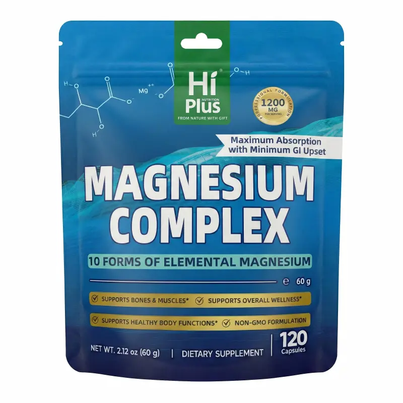 HiPlus High Potency Magnesium Complex Dietary Supplement for Adults - 1200mg, 10 Types for High Absorption, Supports Muscle/Bone Health & Nerve Function, Promotes Relax & Sleep, GMO Free, 120 Capsules, Single Bottle, 24-Month Shelf Life