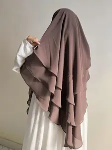 Three-Layer Brown Chiffon Khimar Hijab, Elegant Muslim Modest Headwear