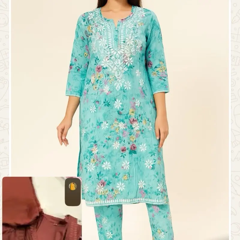 Chikenkari Women's Turquoise Floral Embroidery Salwar Suits Soft Comfortable 2-Piece Asian Clothes Womenswear Salwarkameez