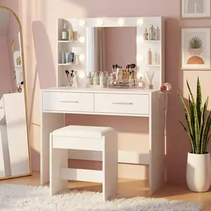 FURMAX Makeup Vanity Set with Lighted Mirror, Makeup Vanity with 2 Drawers, Vanity Desk with Chair for Bedroom & Dressing Room