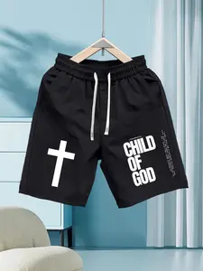Men's Child of God Cross Faith Shorts, Lightweight Drawstring, Summer Christian Casual Sport Athletic Shorts, Fitted Graphic Pattern, All Seasons, Athleisure Shorts