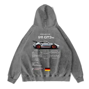380g Autumn & Winter 911 GT3 RS Cars Washed Hoodie - Basic Style Retro Street Fashion Printed Pullover Sweatshirt