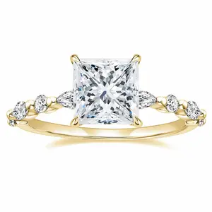 EAMTI 14K Gold Plated Ring 2CT Princess Cut CZ Engagement Ring Marquise & Round Cubic Zirconia Wedding Band for Women