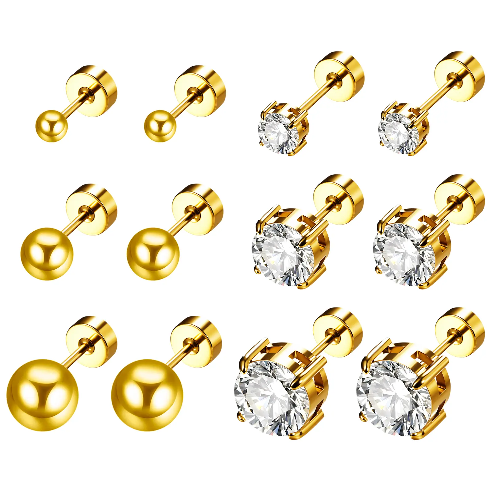 OIDEA Hypoallergenic Cubic Zirconia Plain Stud Earrings Stacking Set - Unisex 4-Pair Metal-Coated Surgical Steel Flat-Back Studs, 3/4/5/6/7/8mm Cartilage Helix Jewelry, Summer Gift for Ladies,summerwins