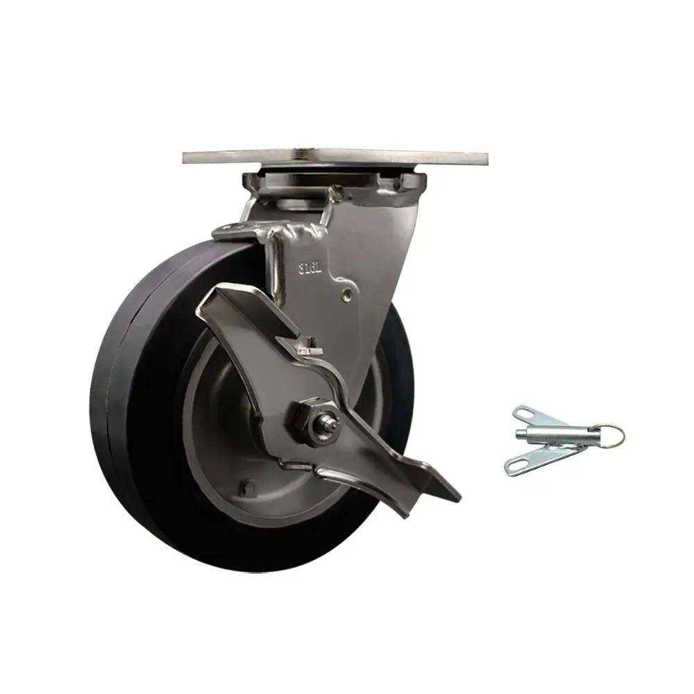 Service Caster SCC-SS31630S620-RAR-TLB-BSL 316 Stainless Steel Heavy-Duty Top Mount Swivel Caster - 6" Rubber-on-Aluminum Wheel, Top Lock Brake, Bolt-On Swivel Lock, 550 lbs Capacity, for Shop, Anti-Rust Aluminum Metal Hardware Heavy-Duty Castors, Heavy-D