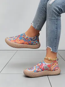 2026 New Women's Casual Shoes, Boho Print Sneakers, Slip-On Flat Shoes, Lightweight Soft Sole, All Seasons, Textile Upper, PVC Sole