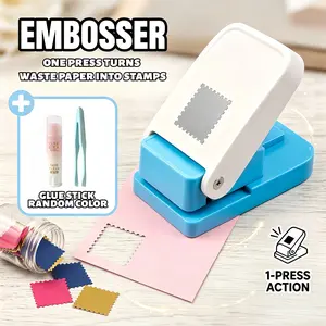 Stamp Shape Paper Puncher for DIY Journaling Scrapbooking, Portable Handheld Sticker Maker Cutter, Upcycling Tool for Coffee Cups, Manual Embossing Machine, Craft Gift for Hobbyists & Students, Free Glue Stick & Tweezers Included