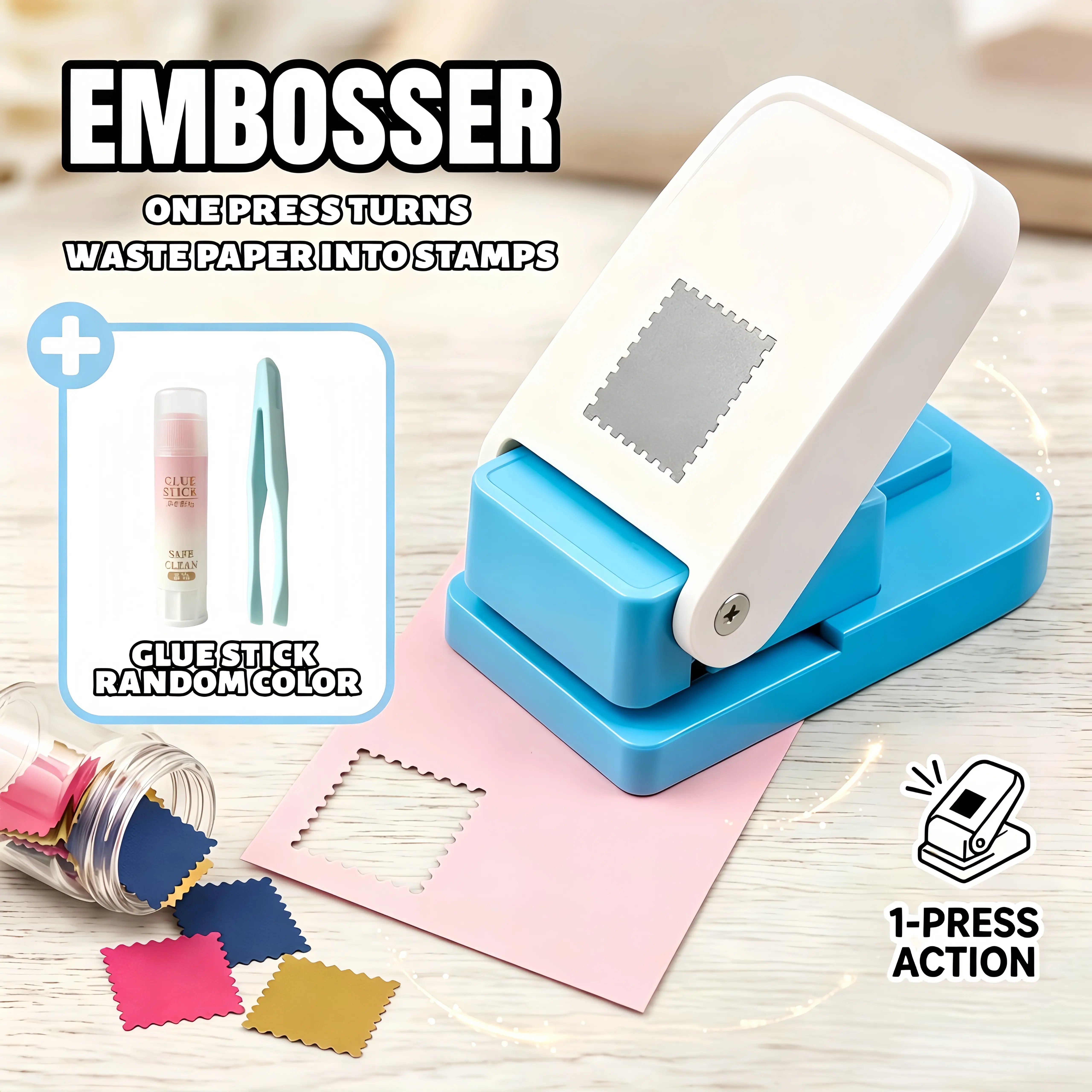 Stamp Shape Paper Puncher for DIY Journaling Scrapbooking, Portable Handheld Sticker Maker Cutter, Upcycling Tool for Coffee Cups, Manual Embossing Machine, Craft Gift for Hobbyists & Students, Free Glue Stick & Tweezers Included