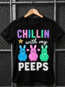 Chillin with My Peeps Graphic T-Shirt - Crew Neck Tee with Glittery Bunnies & Neon Lettering, Soft -Blend Fabric, Loose Fit Short Sleeve Shirt for Easter, Spring Parties, Family Gatherings - Unisex Casual Top for Adults & (Ideal Gift) - Year-Round C