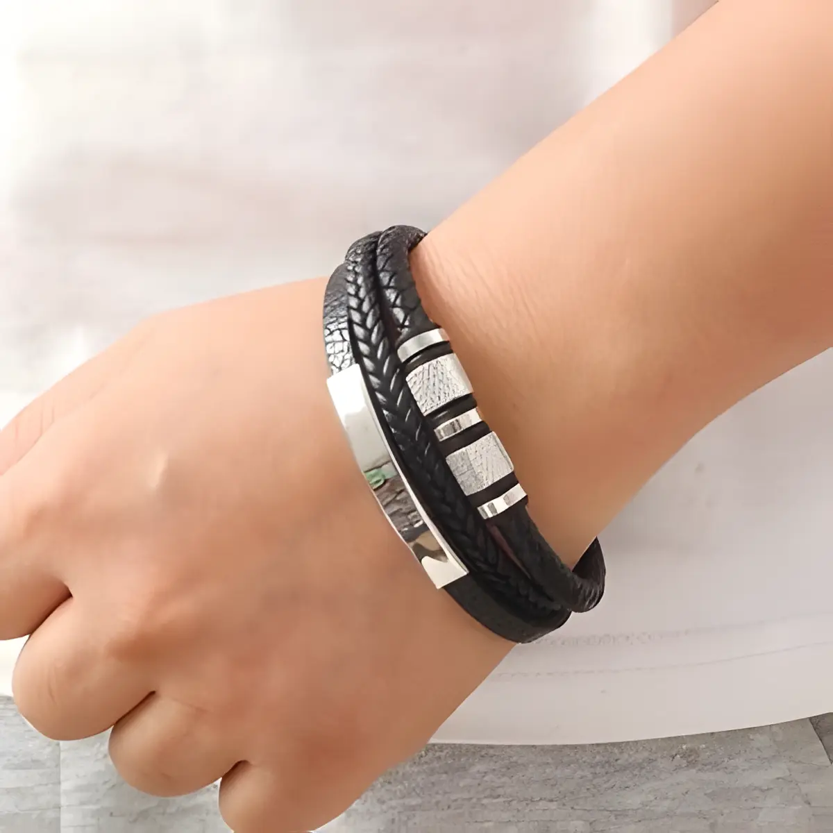 Men's Elegant Black Leather Braided Bracelet - Braided Look, Solid Pattern, Silver-Tone Clasp, Decorative Accents (Costume Jewelry Fashion Accessory)