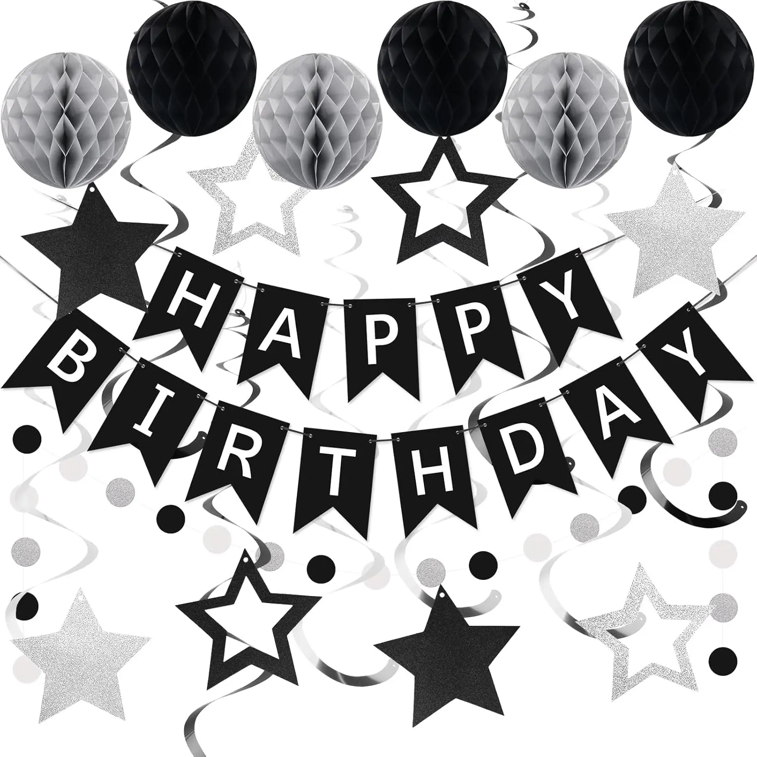 meowtastic Birthday Decorations Happy Birthday Banner with Honeycomb Balls | 16pcs Birthday Set: 1 Banner+6 Honeycomb Balls+8 Star Spirals+1 Circle Dots, Happy Birthday Decor - Black and Silver